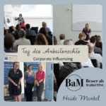 Collage mit Heide Haruyo Merkel bei ihrem Vortrag, Gruppenbild mit Moderatorin und Veranstalterin, sowie Ulrike Schmidt-Fleischer als Referentin auf der Bühne.